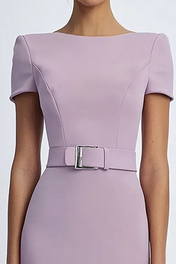 Robe formelle midi à manches courtes fourreau lilas avec ceintures